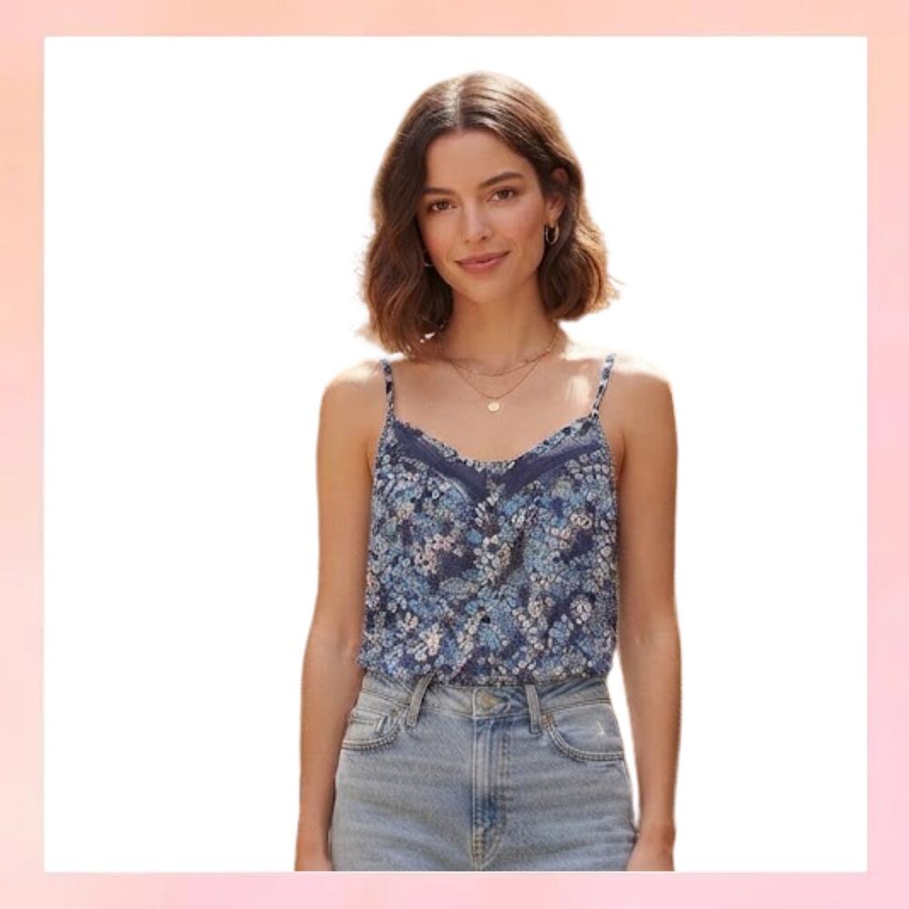 Decree Blue Floral Lace Trim Button Front Cami Tank Top Size M